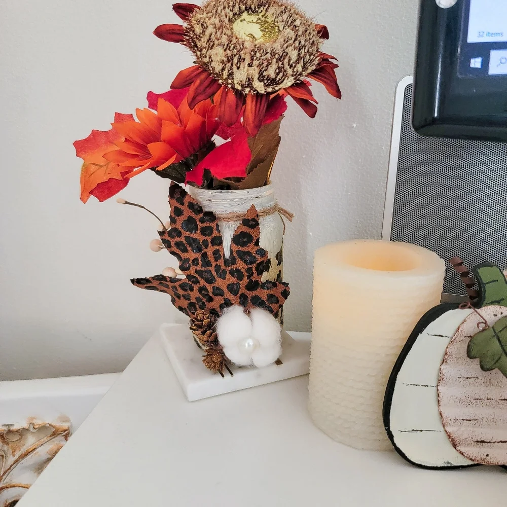 Decoupage Fall/Autumn leaf Animal print Mason jar Handmade